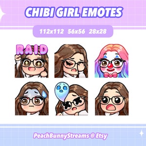 Cute Chibi Girl Twitch Discord Emote Pack (Set 3) | Gaming | Streamer Streaming| Kawaii| Middle Part | Brown Hair| Dark Brown Eyes| Glasses