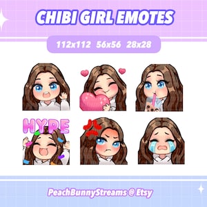 Cute Chibi Girl Twitch Discord Emote Pack | Gaming | Streamer | Kawaii Funny | Middle Part | Brown Hair | Blue Eyes