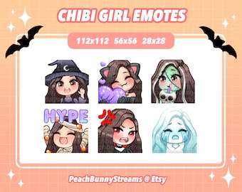 Halloween Chibi Girl Twitch Discord Emote Pack | Spooky Season | Witch | Gaming | Streaming | Dark Brown Hair | Light Brown Eyes
