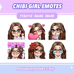 Cute Chibi Girl Twitch Discord Emote Pack / Juegos / Streaming / Cabello castaño / Ojos marrones oscuros / Gafas