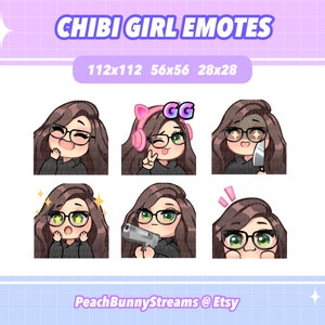 Cute Chibi Girl Twitch Discord Emote Pack (Set 2) | Gaming | Streamer | Kawaii Funny | Side Part | Dark Brown Hair | Green Eyes | Glasses