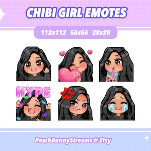 かわいいちびガール Twitch Discord エモートパック | ゲーム | ストリーマー | かわいい面白い | サイドパート | 黒髪 | 日焼け肌