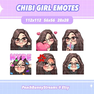 Cute Chibi Girl Twitch Discord Emote Pack / Gioco / Streaming / Streamer / Capelli castano scuro / Occhiali / Occhi marroni
