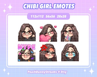 Cute Chibi Girl Twitch Discord Emote Pack | Gaming | Streaming | Streamer | Dark Brown Hair | Glasses | Brown Eyes