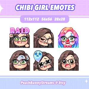 Cute Chibi Girl Twitch Discord Emote Pack (Set 3) | Gaming | Streamer | Kawaii Funny | Side Part | Dark Brown Hair | Green Eyes | Glasses