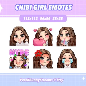 Cute Chibi Girl Twitch Discord Emote Pack | Gaming | Streaming | Brown Hair | Dark Brown Eyes