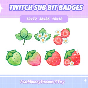 Strawberry Twitch Sub Bit Cheer Badges | Blossom Fruit | Streamer | Stream | Cute Kawaii