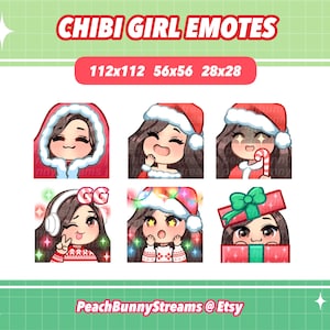 Christmas Chibi Girl Twitch Discord Emote Pack (Set 2) | Gaming | Streaming | Holiday | Dark Brown Hair | Sidepart | Light Brown Eyes |