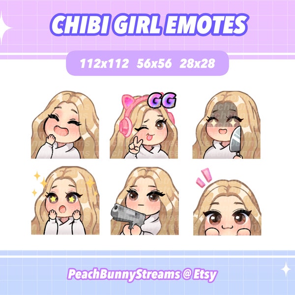 Cute Chibi Girl Twitch Discord Emote Pack (Set 2) | Gaming | Streaming | Kawaii | Blonde Hair | Brown Eyes