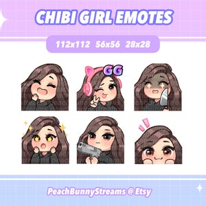 Cute Chibi Girl Twitch Discord Emote Pack (Set 2) | Gaming | Streaming | Streamer | Funny | Dark Brown Hair | Brown Eyes