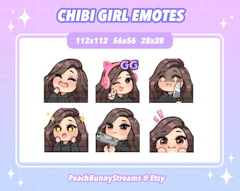 Cute Chibi Girl Twitch Discord Emote Pack (Set 2) | Gaming | Streaming | Streamer | Funny | Dark Brown Hair | Brown Eyes