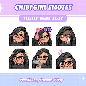 かわいいちびガール Twitch Discord エモートパック (セット 2) | ゲーム | かわいい面白い | ストリーマー | 黒髪 | 日焼け | メガネ | ダークブラウンの目