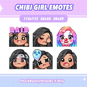Cute Chibi Girl Twitch Discord Emote Pack (Set 3) | Gaming| Streamer Streaming| Kawaii Funny| Tan Skin | Black Hair | Dark Brown Eyes