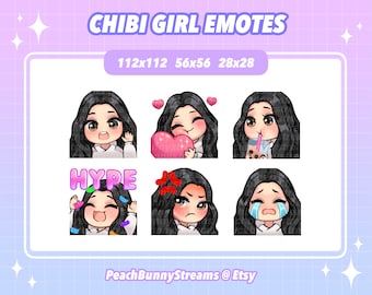 Pacote de gestos de discórdia do Twitch bonito da garota Chibi | Jogos | Transmissão | Cabelo Preto | Olhos castanhos escuros