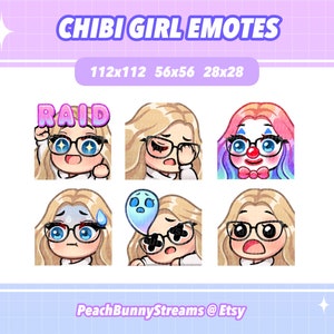Cute Chibi Girl Twitch Discord Emote Pack (Set 3) | Gaming | Streamer Streaming| Kawaii Funny| Middle Part| Blonde Hair| Blue Eyes| Glasses