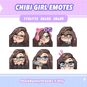 Cute Chibi Girl Twitch Discord Emote Pack (Set 2) | Gaming | Streamer | Kawaii Funny | Side Part | Dark Brown Hair | Blue Eyes | Glasses