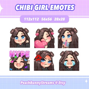 Cute Chibi Girl Twitch Discord Emote Pack | Kawaii | Streamer | Spacebuns | Dark Brown Hair | Blue Eyes