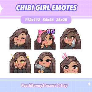 Cute Chibi Girl Twitch Discord Emote Pack (Set 2) | Gaming | Streaming | Streamer | Funny | Dark Brown Hair | Tan | Brown Eyes