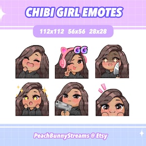 Cute Chibi Girl Twitch Discord Emote Pack (Set 2) / Juegos / Streaming / Streamer / Divertido / Cabello castaño oscuro / Bronceado / Ojos marrones
