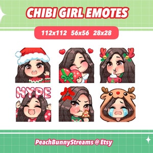 Christmas Chibi Girl Twitch Discord Emote Pack | Gaming | Streaming | Holiday | Dark Brown Hair | Sidepart | Light Brown Eyes |