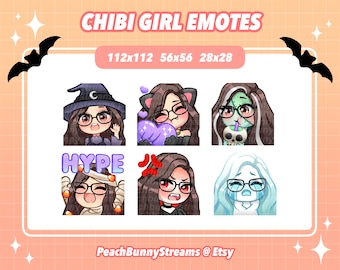 Halloween Chibi Girl Twitch Discord Emote Pack | Spooky Season | Witch | Gaming | Streaming | Glasses | Dark Brown Hair | Light Brown Eyes