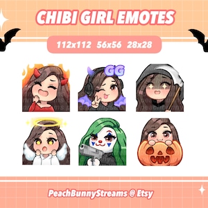 Halloween Chibi Girl Twitch Discord Emote Pack (Set 2)| Spooky Season | Witch | Gaming | Streaming | Dark Brown Hair | Light Brown Eyes