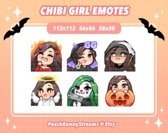 Halloween Chibi Girl Twitch Discord Emote Pack (Set 2)| Spooky Season | Witch | Gaming | Streaming | Dark Brown Hair | Light Brown Eyes