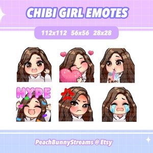 Chibi Girl Twitch Discord Emote Pack | Gaming | Streaming | Brown Hair | Dark Brown Eyes | Side Part