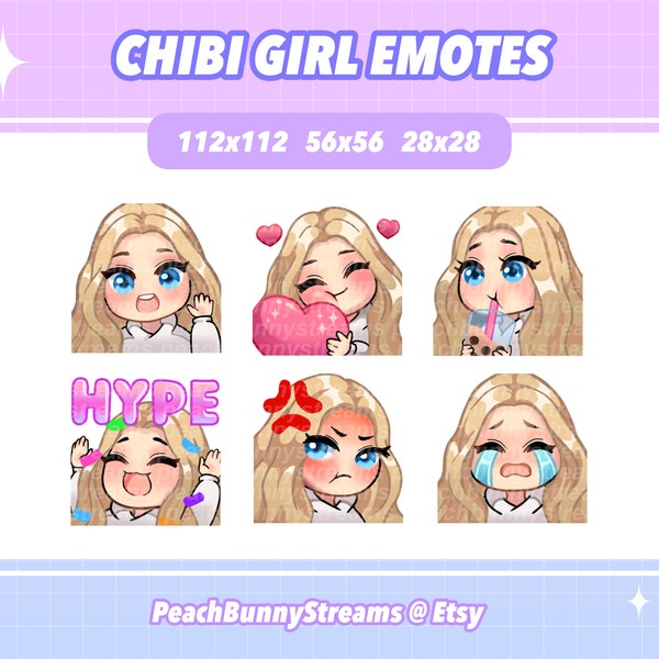 Süße Chibi Girl Twitch Discord Emote Pack | Gaming | Streaming | Blondes Haar | Blaue Augen