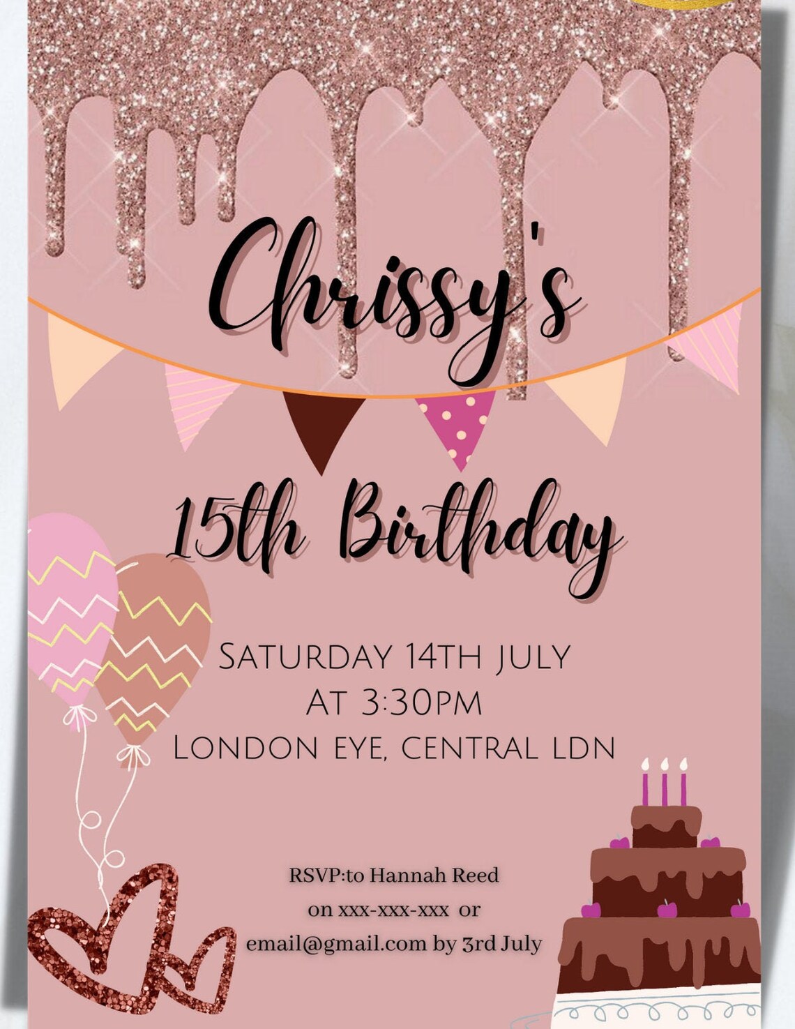 Rose gold customisable birthday invitation card Editable and Etsy