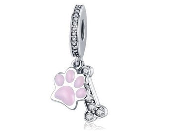 Sterling Silver and Pink CZ Paw & Bone Charm, Animal Puppy Remembrance Pendant Charm