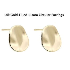 May include: A pair of 14k gold-filled circular earrings, each measuring 11mm in diameter. The earrings have a smooth, rounded shape and a polished finish.