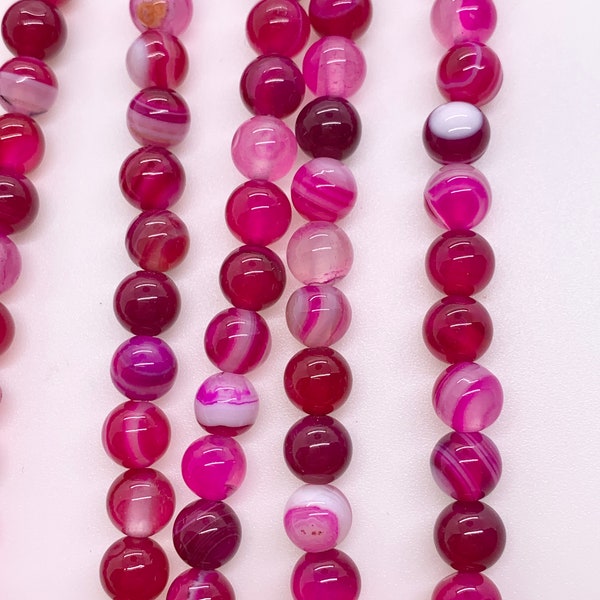 Dark Pink Fuchsia Agate and Banded Agate, Smooth Round Beads 6mm, 15" Strand, Gemstone Beads, Jewelry Findings