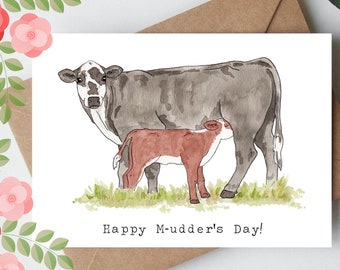 Mother Cow with Calf "Happy M-Udder's Day!" Greeting Card, 5"x7" Watercolor Card on Linen Paper , Mother's Day Card, For Moms