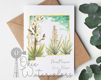 New Mexico Yucca Blossom Watercolor State Silhouette Greeting Card, State Native Wildflower of New Mexico, Yucca Blossom Art