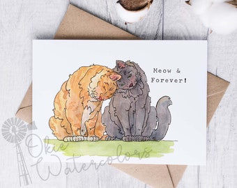 Cute Cats in Love & Snuggling, "Meow and Forever" Greeting Card, 5"x7" Watercolor Card, Valentine’s Day, Anniversary Card, Wedding Card