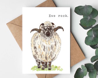 Black and White Ewe Sheep "Ewe Rock." Greeting Card - 5"x7" Animal Watercolor Linen Card, Congratulations, Thank You Card, Graduation