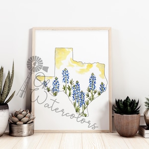 Texas State Silhouette with Bluebonnet Flower, State Flower Watercolor Art Print, State Flower of Texas Art, Texas Hill Country Flower Art
