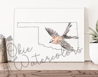 Oklahoma State Scissor-Tailed Flycatcher, 8"x10" Watercolor Art Print, State Bird Art, Ranch Style, Scissortailed Flycatcher Art