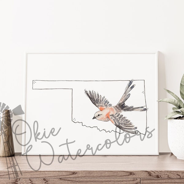 Oklahoma State Scissor-Tailed Flycatcher, 8"x10" Watercolor Art Print, State Bird Art, Ranch Style, Scissortailed Flycatcher Art