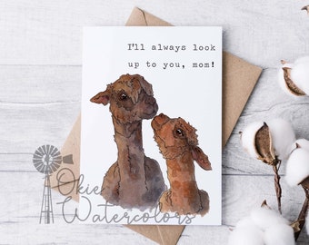 Adorable Alpacas "I'll always look up to you, mom!" Greeting Card, 5"x7" Greeting Card, Mother's Day Card, Alpaca with Baby Cria Card