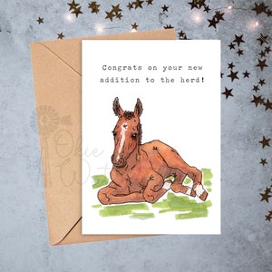 Baby Farm Animals Congrats on Your New Addition to the Herd Baby Shower Greeting Card, 5x7 Watercolor Card feat. YOUR CHOICE of Baby Equine-- Horse foal
