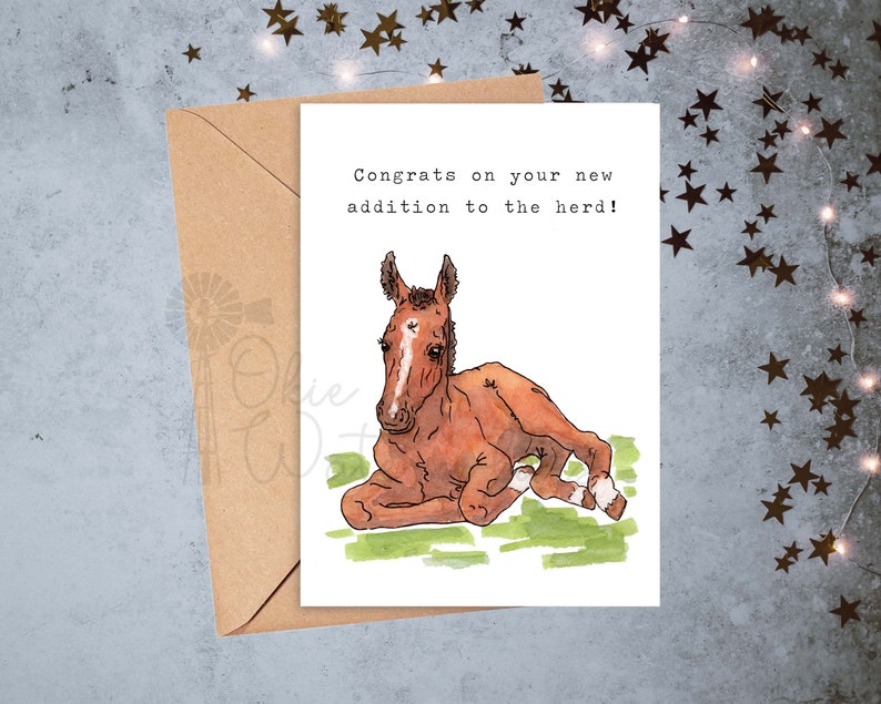 Baby Farm Animals Congrats on Your New Addition to the Herd Baby Shower Greeting Card, 5x7 Watercolor Card feat. YOUR CHOICE of Baby Equine-- Horse foal