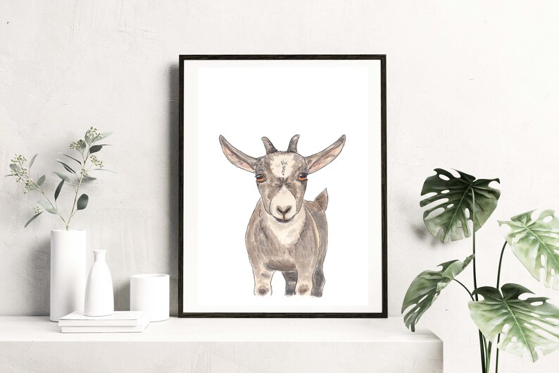 Gray Goat Kid Watercolor Art Print 5x7 Farm Farmhouse Style Ranch Life image 1