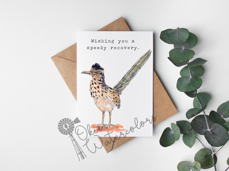 Puede incluir: Una tarjeta de felicitaci&oacute;n con una ilustraci&oacute;n de acuarela de un correcaminos. La tarjeta dice "Wishing you a speedy recovery."