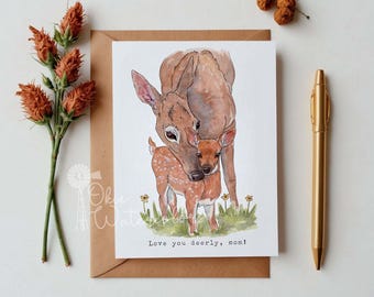 White-tailed Doe with Fawn "Love you dearly, mom!" Greeting Card, 5"x7" Greeting Card, Mother's Day Card, Deer with Fawn Card