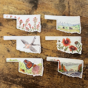 YOUR CHOICE | Oklahoma State Shape Watercolor Art 4&quot; Vinyl Sticker—Oklahoma Ranch, Wildlife, Butterfly, Wildflowers, Ouachitas/Talimena