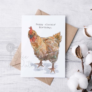 Hen Chicken "Happy Cluckin' Birthday." Greeting Card, 5"x7" Watercolor Card on Linen Paper, Funny Animal Card, Sarcastic Chicken Birthday