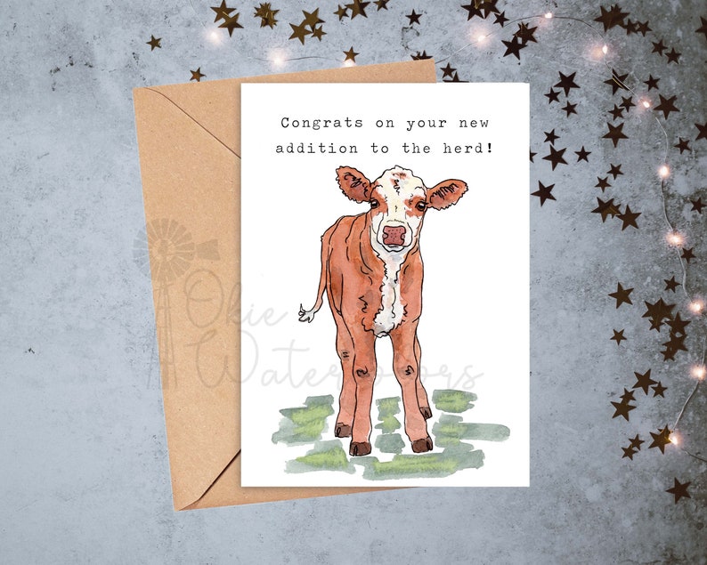 Baby Farm Animals Congrats on Your New Addition to the Herd Baby Shower Greeting Card, 5x7 Watercolor Card feat. YOUR CHOICE of Baby Beef--Hereford calf