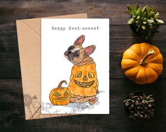 Halloween Frenchie in Pumpkin Costume "Happy Howl-oween!" Spooky 5x7" Greeting Card, Dog with Jack'olantern